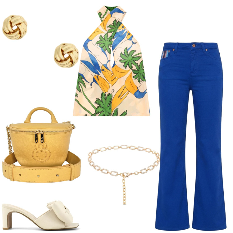 Outfit donna - Total look #2444230. Stile Casual chic per Tutti i giorni. Abbinamento con pantaloni, top, cinture, orecchini, borse a tracolla, sandali col tacco.