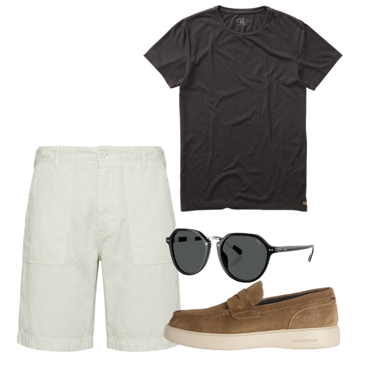 Outfit uomo - Agosto. Stile Casual per Tutti i giorni. Abbinamento con bermuda, scarpe stringate, t-shirt, occhiali da sole.