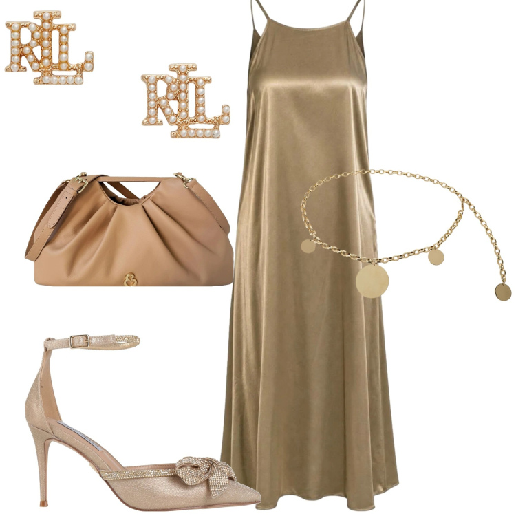 Outfit donna - Serata. Stile Chic per Serata fuori. Abbinamento con décolleté, vestiti lunghi, cinture, orecchini, clutch.