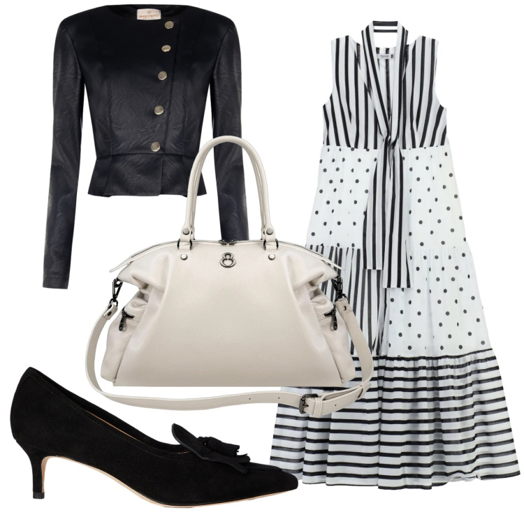 Outfit donna - Fantasia mista. Stile Glamour per Serata fuori. Abbinamento con giacche, vestiti lunghi, shopping bag, décolleté.