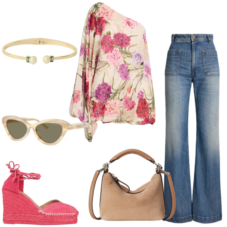 Outfit donna - Total look #2444243. Stile Boho per Tutti i giorni. Abbinamento con top, espadrillas, occhiali da sole, jeans bootcut, borse a spalla, braccialetti.