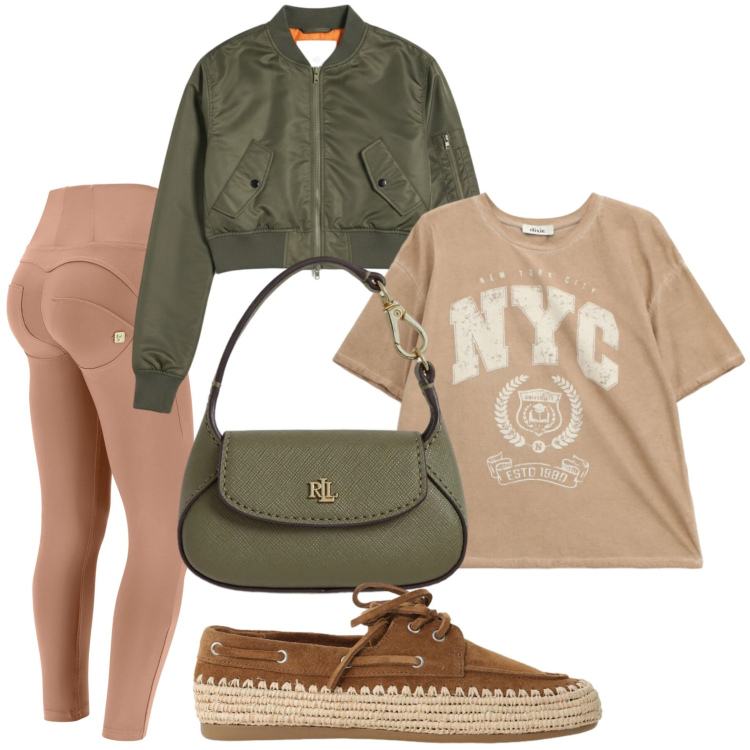 Outfit donna - Mood urbano. Stile Casual per Tutti i giorni. Abbinamento con t-shirt, scarpe stringate, pantaloni skinny, borse a mano, bomber.