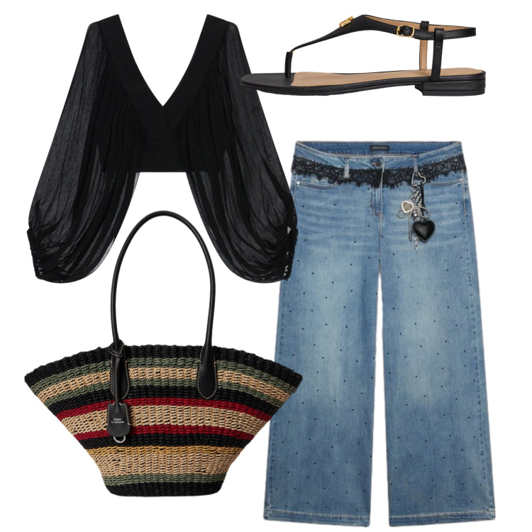 Outfit donna - Total look. Stile Casual chic per Serata fuori. Abbinamento con top, jeans, borse tote, sandali in pelle.