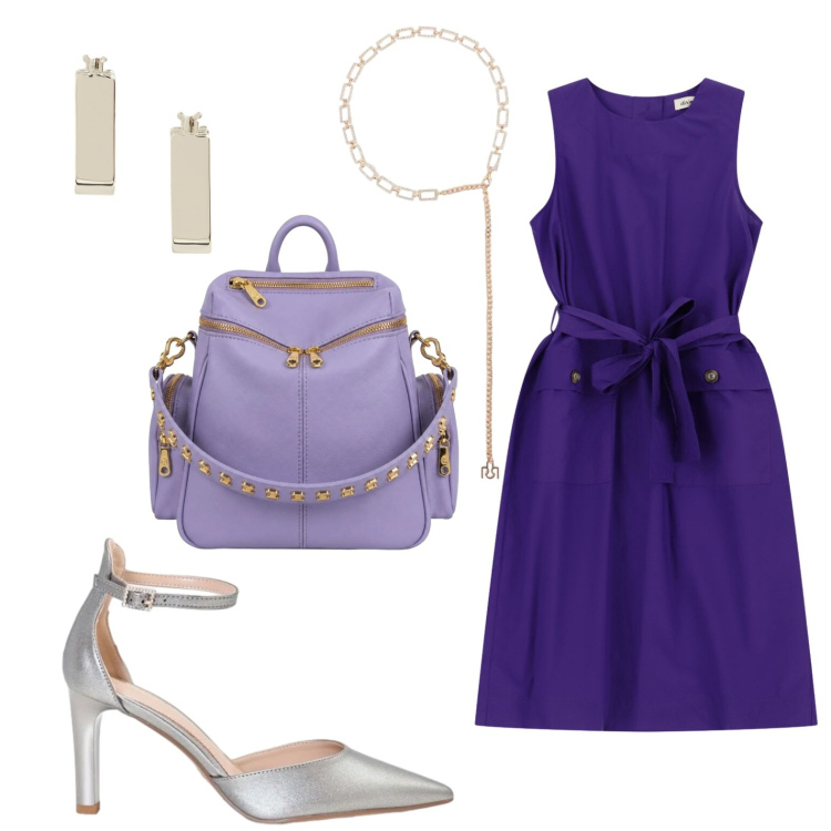 Outfit donna - Incanto viola. Stile Chic per Tutti i giorni. Abbinamento con vestiti senza maniche, décolleté, cinture, orecchini, zaini.