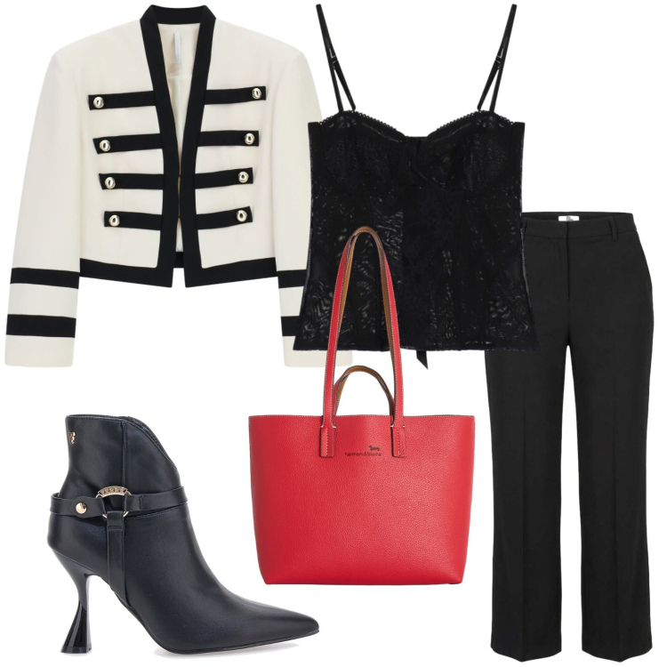 Outfit donna - Grinta urbana. Stile Military per Serata fuori. Abbinamento con pantaloni a palazzo, shopping bag, top, blazer, stivaletti.