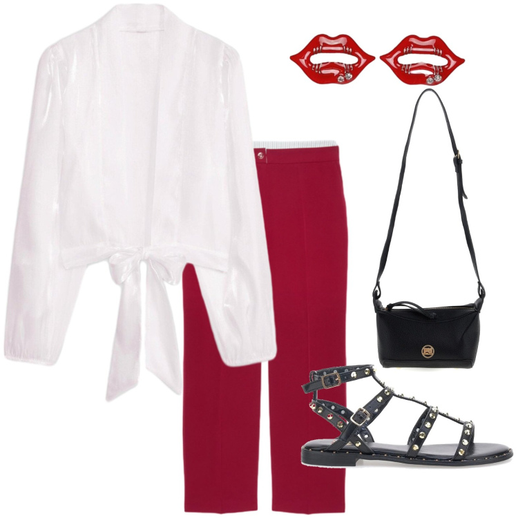 Outfit donna - Kiss glamour. Stile Glamour per Tutti i giorni. Abbinamento con kimono, blazer, pantaloni, borse a tracolla, sandali.