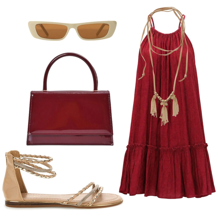 Outfit donna - Lusso sobrio. Stile Casual per Tutti i giorni. Abbinamento con vestiti corti, collane, borse a mano, occhiali da sole, sandali.
