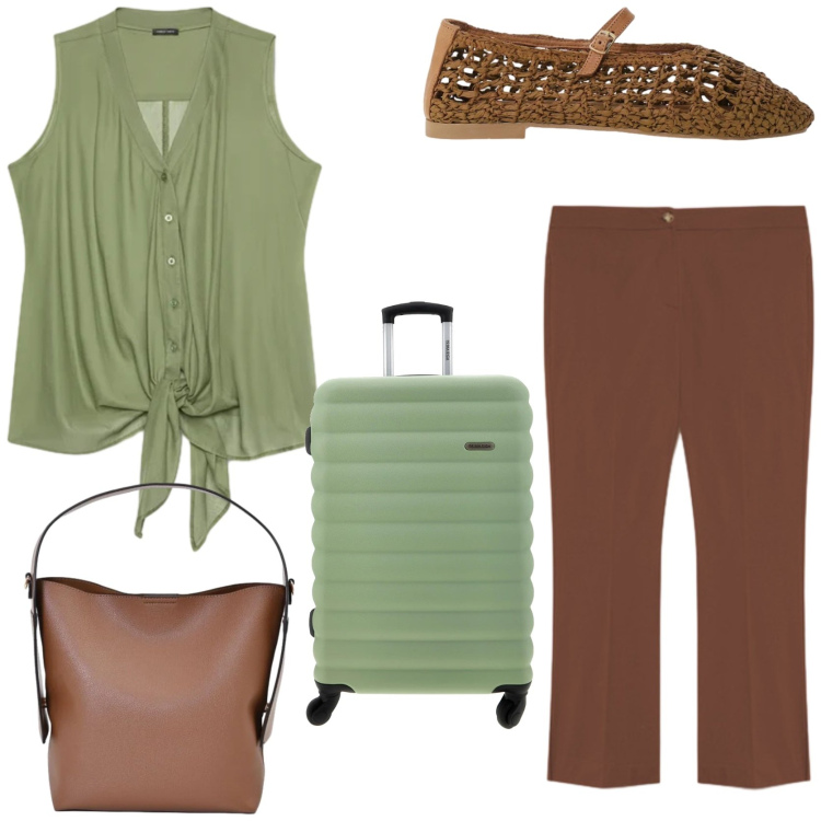 Outfit donna - In vacanza. Stile Casual chic per Tutti i giorni. Abbinamento con ballerine, borse a mano, top, pantaloni, valigie.