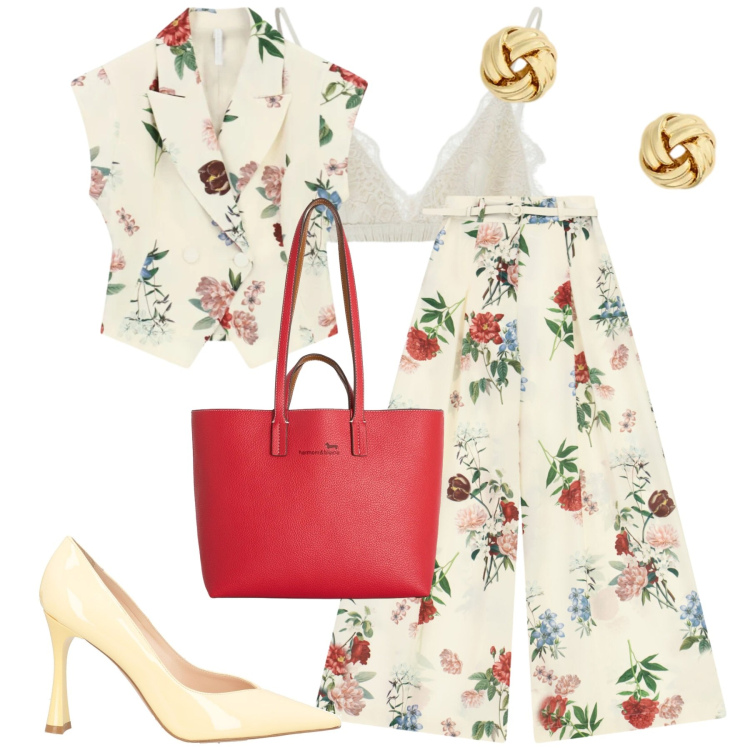 Outfit donna - Imperial. Stile Casual chic per Tutti i giorni. Abbinamento con décolleté, shopping bag, reggiseni, pantaloni a palazzo, gilet, orecchini.