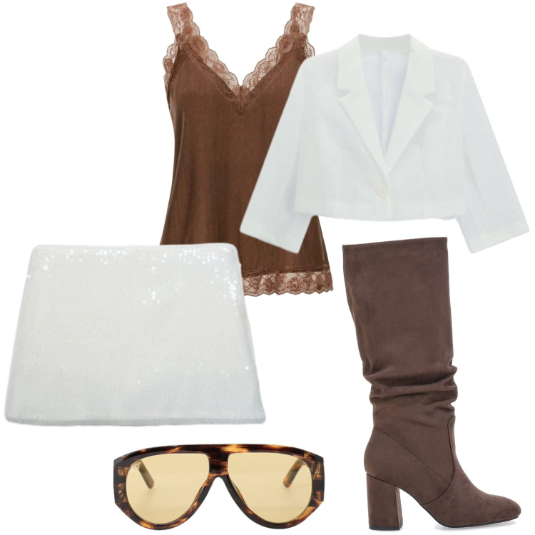 Outfit donna - Dettagli unici. Stile Casual per Tutti i giorni. Abbinamento con minigonne, canottiere, occhiali da sole, blazer, stivali sopra il ginocchio.