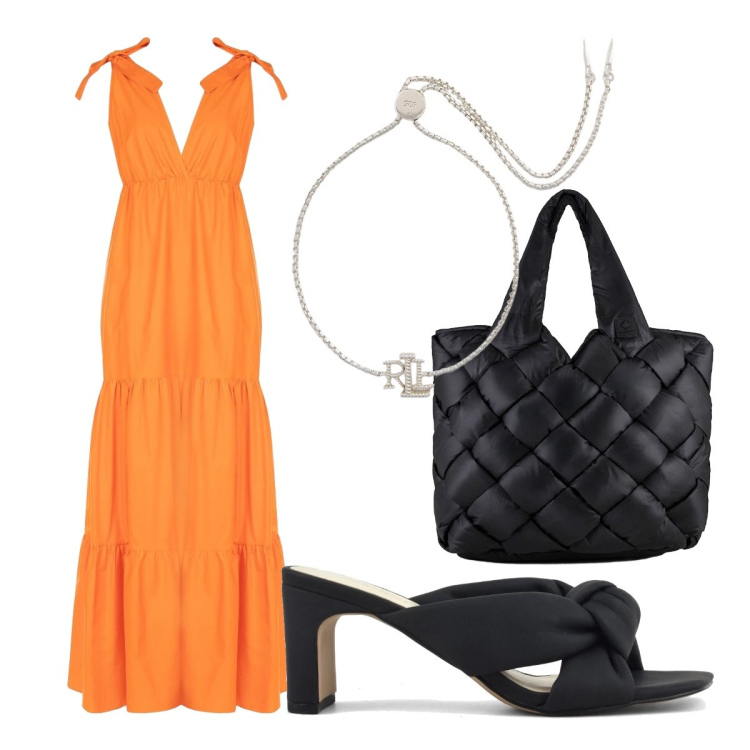 Outfit donna - Vestito arancio. Stile Chic per Cerimonia. Abbinamento con vestiti lunghi, braccialetti, borse tote, sandali col tacco.