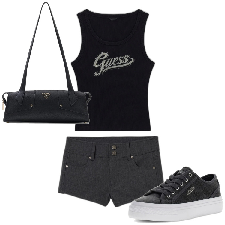 Outfit mujer - Casual look. Estilo Casual para Todos los días. Combinación con camisetas sin mangas, shorts, sneakers, bandoleras.
