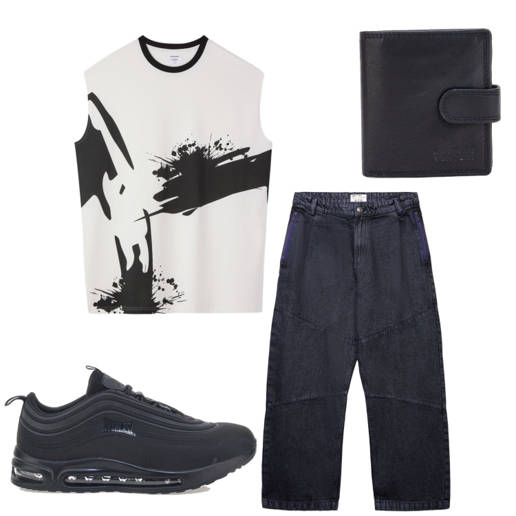 Outfit uomo - Total look #2444309. Stile Urban per Tutti i giorni. Abbinamento con jeans dritti, t-shirt, portafogli, sneakers.