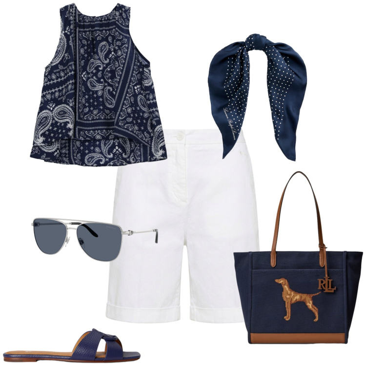 Outfit donna - Casual chic ogni giorno. Stile Casual chic per Tutti i giorni. Abbinamento con bermuda, top, foulard, sandali in pelle, occhiali da sole, borse tote.