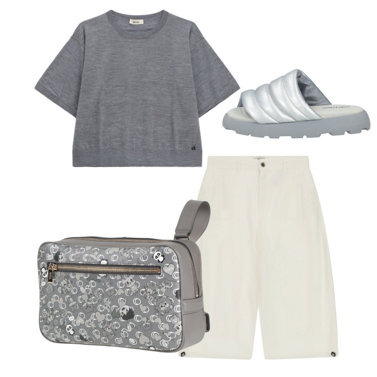 Outfit donna - Total look. Stile Casual per Tutti i giorni. Abbinamento con marsupi, sandali col tacco, t-shirt, shorts.