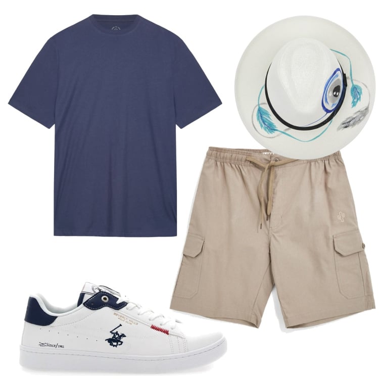 Outfit uomo - Total look #2444332. Stile Urban per Mare. Abbinamento con t-shirt, bermuda, cappelli, sneakers.
