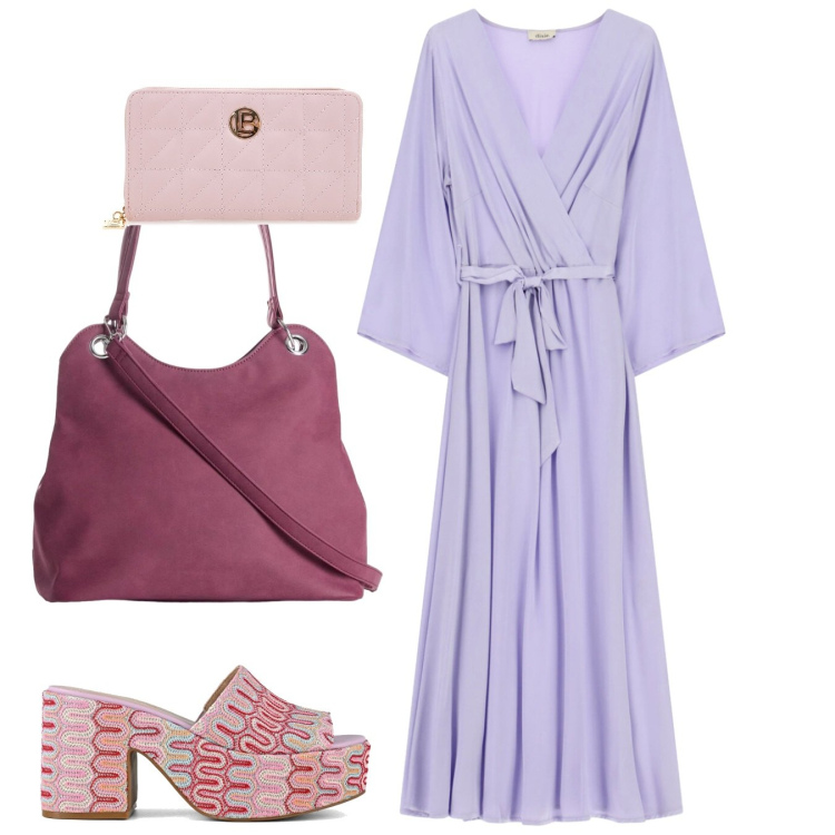 Outfit donna - Total malva. Stile Bon Ton per Ufficio. Abbinamento con borse a mano, vestiti midi/longuette, sabot, portafogli.