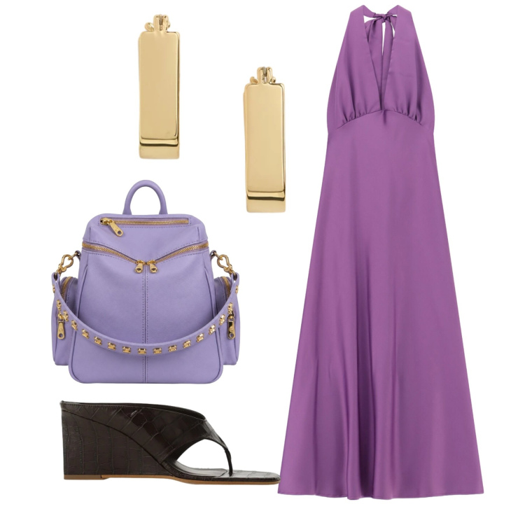 Outfit donna - Total glicine. Stile Romantica per Tutti i giorni. Abbinamento con sandali, vestiti lunghi, orecchini, zaini.