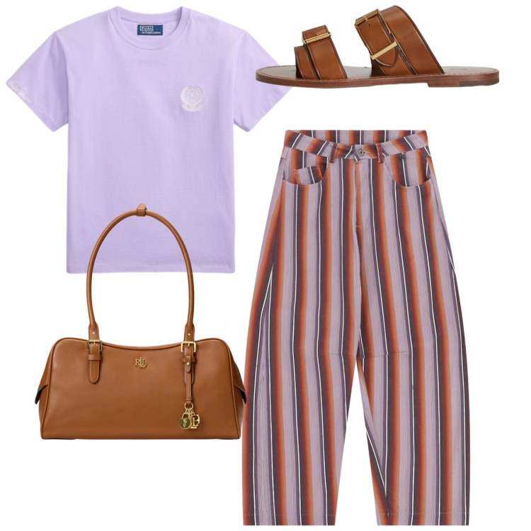 Outfit donna - Total look. Stile Casual per Tutti i giorni. Abbinamento con pantaloni, borse a mano, sandali in pelle, t-shirt.