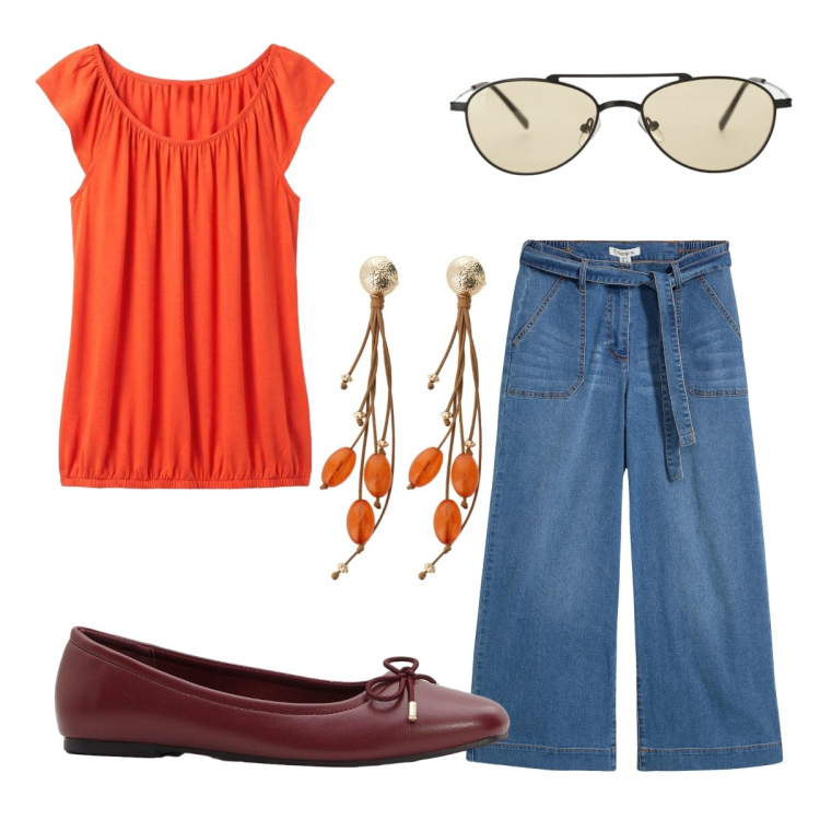 Outfit donna - Agosto arancio. Stile 70s per Tutti i giorni. Abbinamento con jeans, ballerine, top, orecchini, occhiali da sole.