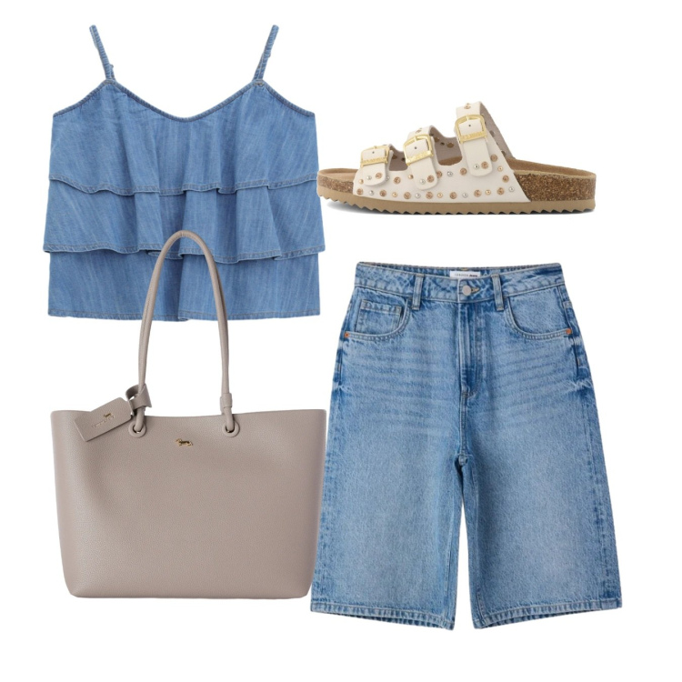 Outfit donna - Total denim. Stile Casual per Tutti i giorni. Abbinamento con bermuda, shopping bag, top, sandali.
