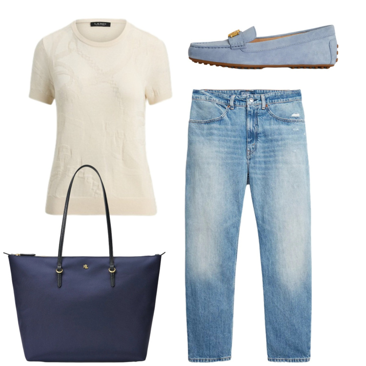 Outfit donna - Ufficio. Stile Mannish per Ufficio. Abbinamento con t-shirt, borse tote, jeans, mocassini.