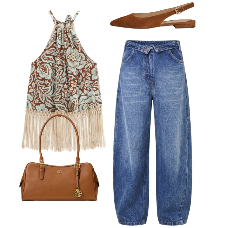 Outfit donna - Frange. Stile Casual chic per Tutti i giorni. Abbinamento con top, jeans mom, ballerine, borse a mano.