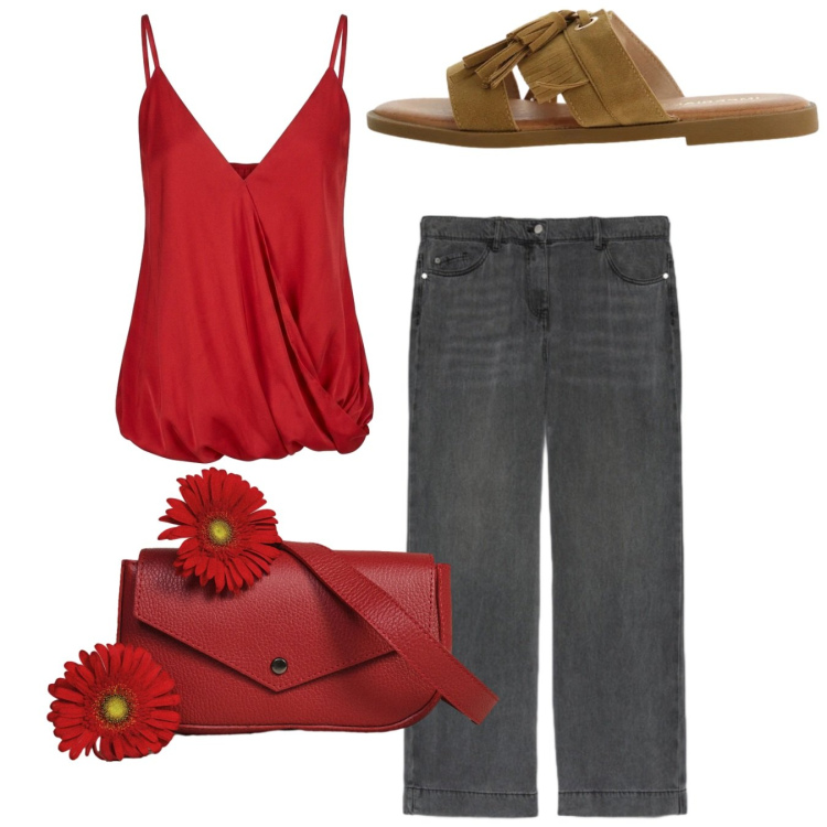Outfit donna - Total look. Stile Bon Ton per Tutti i giorni. Abbinamento con borse a tracolla, sandali, top, jeans.
