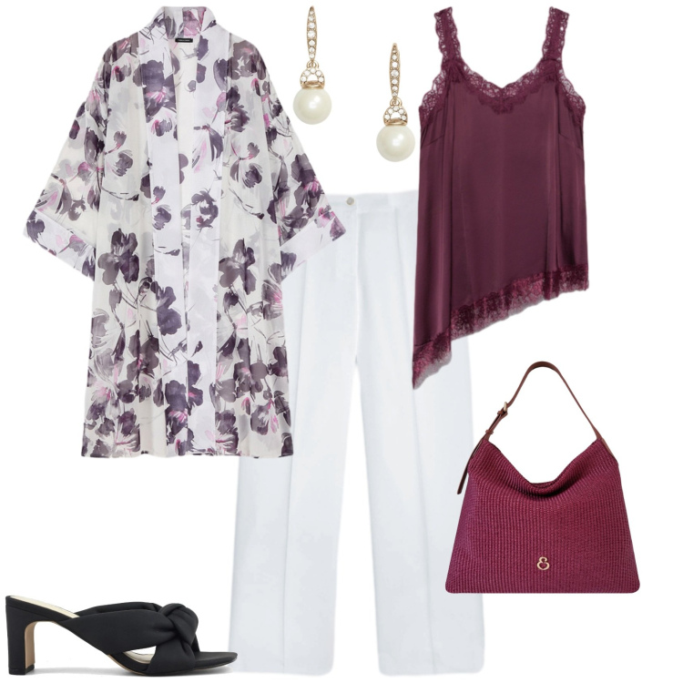Outfit donna - Chic serata evento. Stile Chic per Serata fuori. Abbinamento con top, pantaloni, caftani, orecchini, borse a spalla, sandali col tacco.