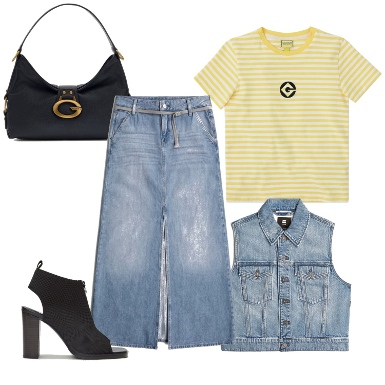 Outfit mujer - Casual #6810. Estilo Casual para Todos los días. Combinación con zapatos de tacón, chalecos, minifaldas, camiseta, bandoleras.