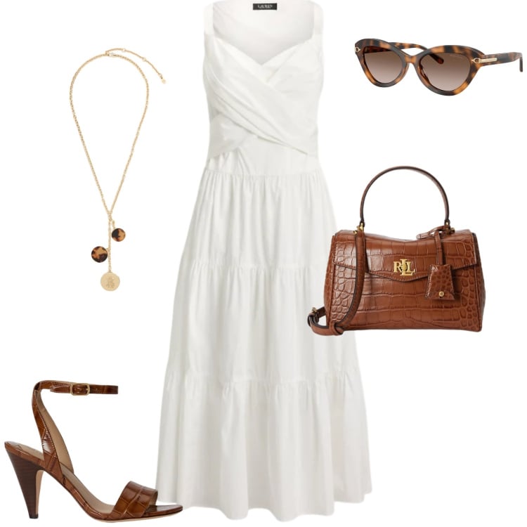 Outfit donna - Romantica chic estate ogni giorno. Stile Chic per Tutti i giorni. Abbinamento con vestiti senza maniche, sandali in pelle, borse a mano, collane, occhiali da sole.