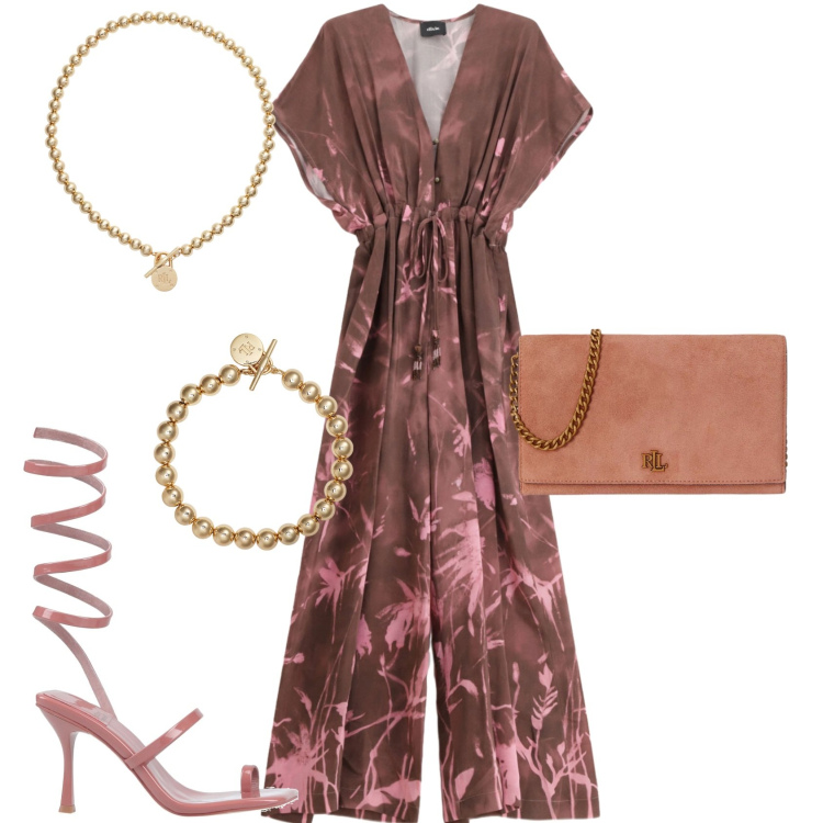 Outfit donna - Chic serata evento aperitivo estate. Stile Chic per Serata fuori. Abbinamento con infradito, tute, collane, braccialetti, borse a tracolla.