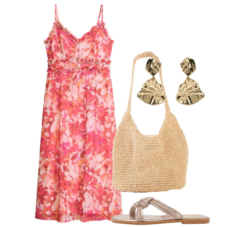 Outfit donna - Agosto. Stile Chic per Tutti i giorni. Abbinamento con vestiti, shopping bag, orecchini, sandali.