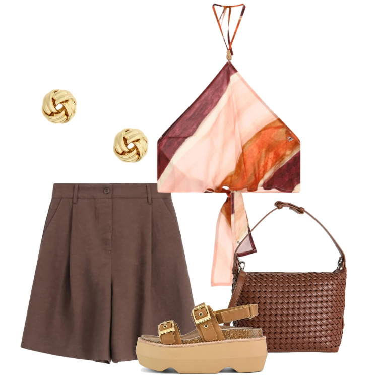 Outfit donna - Agosto. Stile Chic per Serata fuori. Abbinamento con borse a spalla, top, bermuda, orecchini, sandali col tacco.