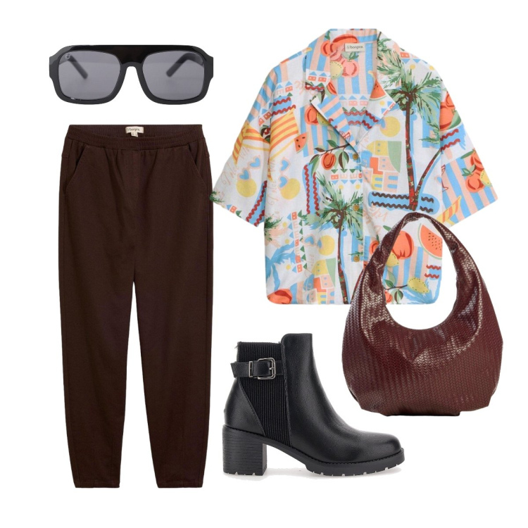 Outfit donna - Ufficio agosto. Stile Casual per Ufficio. Abbinamento con pantaloni, camicie a manica corta, borse a mano, occhiali da sole, stivaletti.