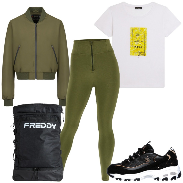 Outfit donna - Trekking in Trentino. Stile Sporty chic per Tutti i giorni. Abbinamento con pantaloni skinny, zaini, t-shirt, bomber, scarpe sportive.