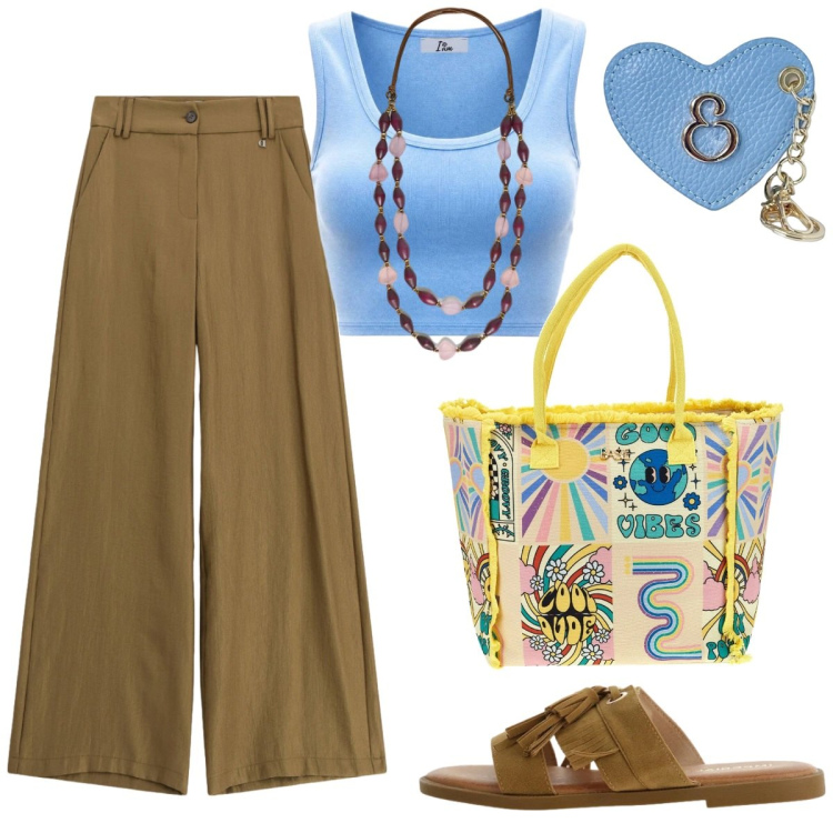 Outfit donna - Passeggiata al mercato. Stile Casual chic per Tutti i giorni. Abbinamento con canottiere, pantaloni a palazzo, sandali, collane, portachiavi, borse a spalla.