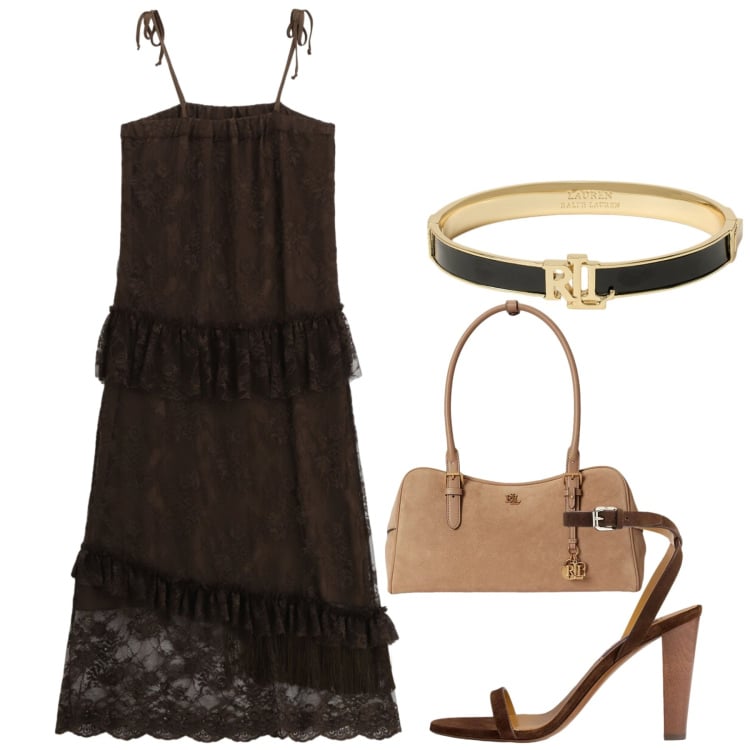 Outfit donna - Cacao. Stile Chic per Cerimonia. Abbinamento con vestiti lunghi, braccialetti, borse a mano, sandali in pelle.