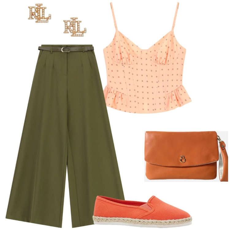 Outfit donna - Gita fuori porta. Stile Casual chic per Tutti i giorni. Abbinamento con espadrillas, top, pantaloni a palazzo, orecchini, pochette.