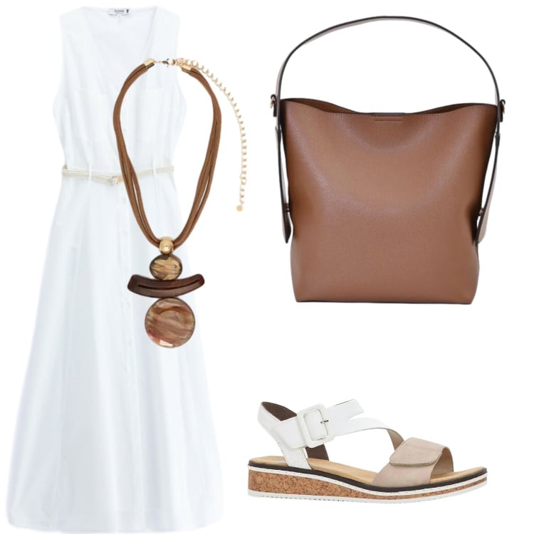 Outfit donna - Relax. Stile Casual chic per Tutti i giorni. Abbinamento con sandali, vestiti lunghi, borse a mano, ciondoli.