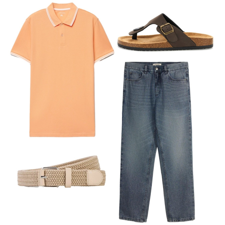 Outfit uomo - Total look. Stile Casual per Tutti i giorni. Abbinamento con cinture, jeans dritti, polo, sandali.
