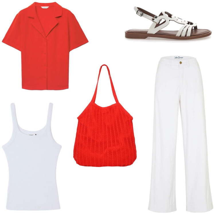 Outfit donna - Aggiungi il rosso per essere irresistibe. Stile Chic per Tutti i giorni. Abbinamento con jeans, canottiere, shopping bag, camicie a manica corta, sandali.