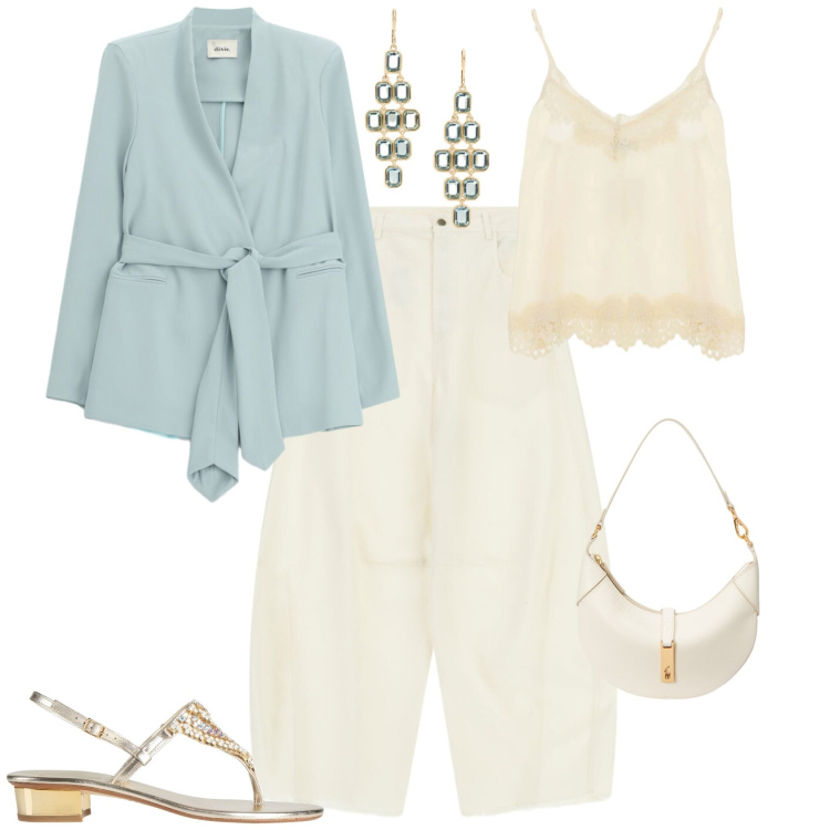 Outfit donna - Chic serata evento aperitivo. Stile Chic per Serata fuori. Abbinamento con infradito, pantaloni a palazzo, blazer, top, borse a spalla, orecchini.
