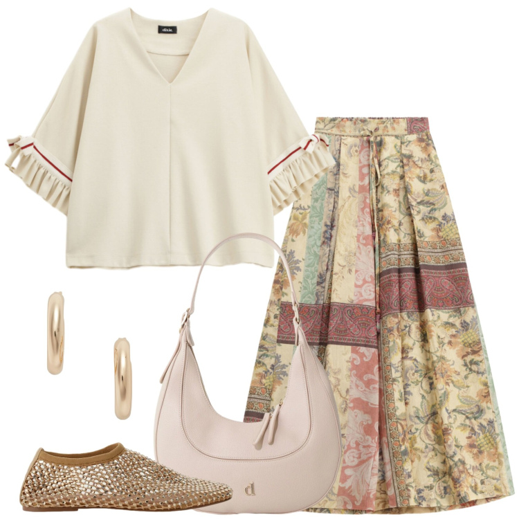 Outfit donna - Tapestry. Stile Romantica per Tutti i giorni. Abbinamento con pantaloni a palazzo, borse a tracolla, ballerine, felpe, orecchini.