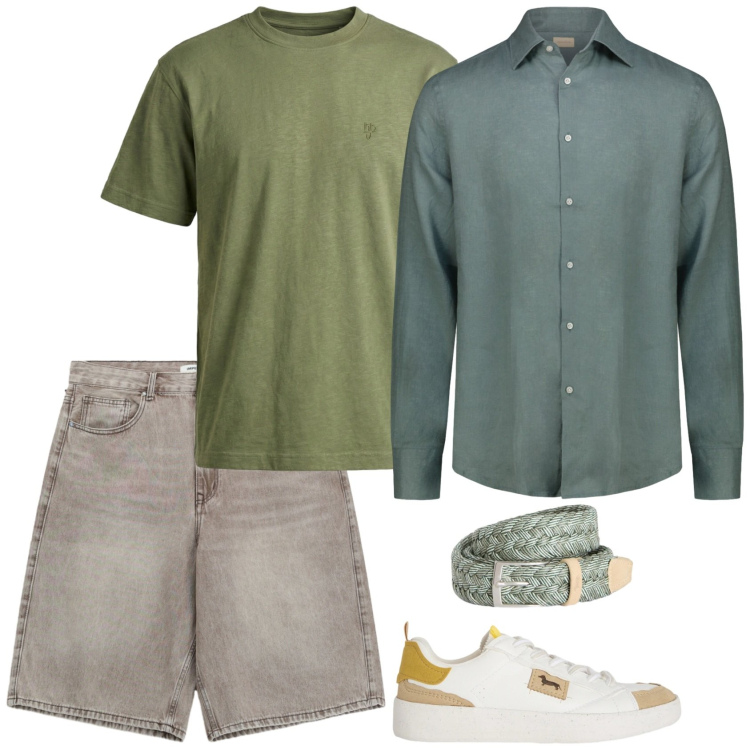Outfit uomo - Camicia aperta. Stile Trendy per Tutti i giorni. Abbinamento con sneakers, t-shirt, cinture, bermuda, camicie.