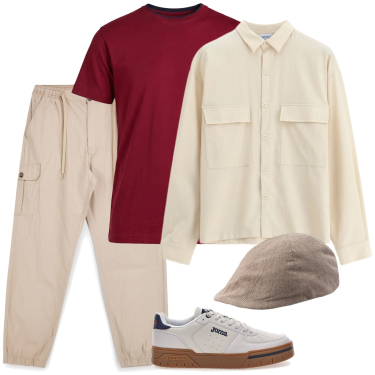 Outfit uomo - La t-shirt è bordeaux. Stile Trendy per Tutti i giorni. Abbinamento con camicie, t-shirt, cappelli e berretti, sneakers, pantaloni cargo.