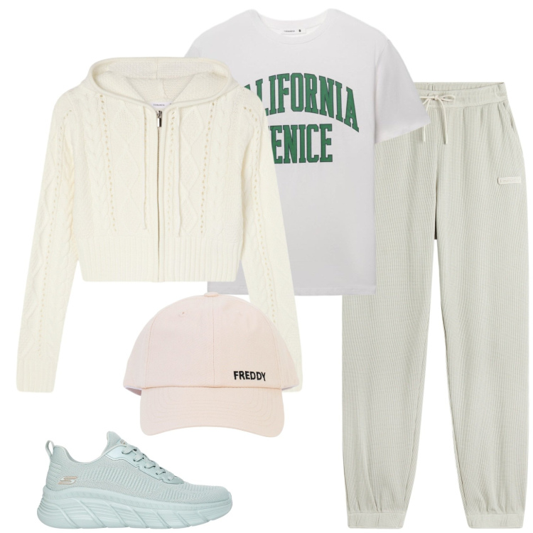 Outfit donna - Alpine altitude. Stile Sporty chic per Sport. Abbinamento con cardigans, t-shirt sportive, pantaloni sportivi, cappelli con visiera, scarpe sportive.