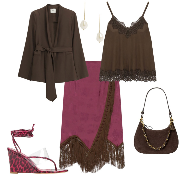 Outfit donna - Chic serata evento aperitivo. Stile Chic per Serata fuori. Abbinamento con ciabatte, blazer, top, gonne longuette, borse a spalla, orecchini.