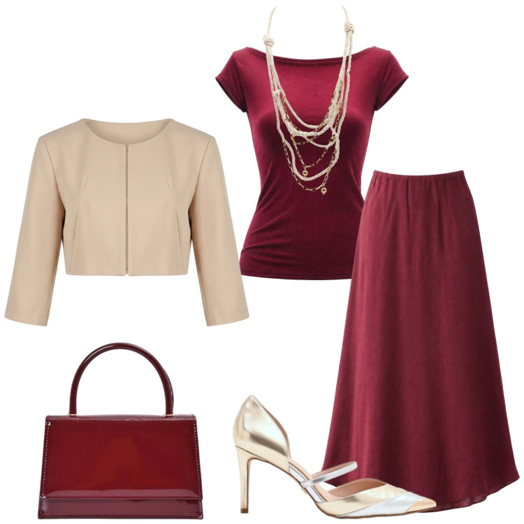 Outfit donna - Total look #2444457. Stile Bon Ton per Cerimonia. Abbinamento con top, gonne lunghe, collane, bolero, décolleté, borse a mano.