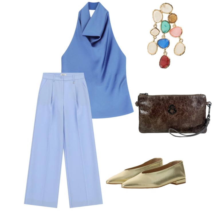 Outfit donna - Una cena in città. per Serata fuori. Abbinamento con pantaloni a palazzo, ballerine, orecchini, top, pochette.